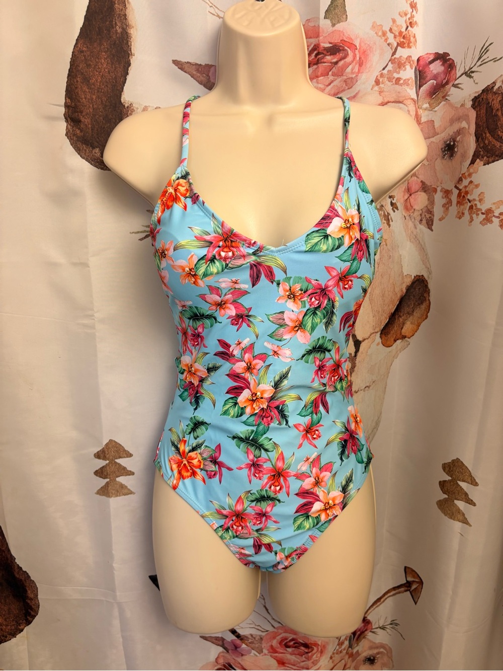 XS Floral Print Light Blue One-Piece Swimsuit - Tropical Flowers